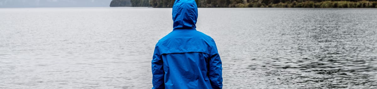 A person in a blue hooded rain jacket seen from behind, looking across a lake toward a bush-covered ridge